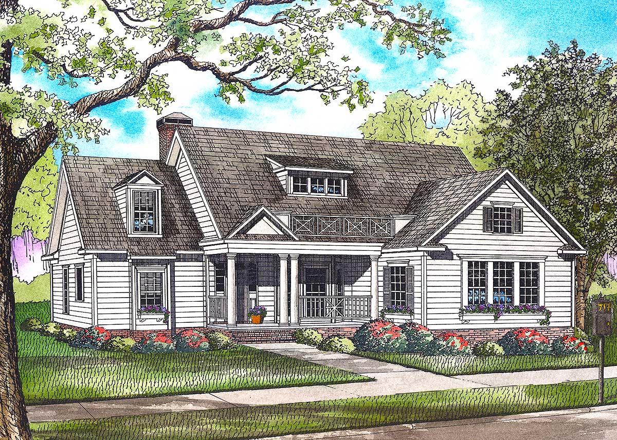 House plan exterior: Gable roof, dormers, prominent front porch with columns, and siding.