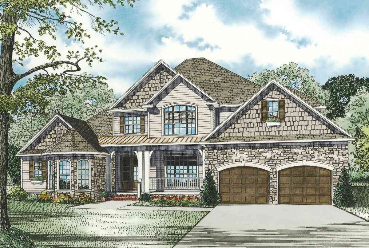House plan exterior: two-story Modern Farmhouse with stone base, front porch, multiple gables, and a side-entry two-car garage.