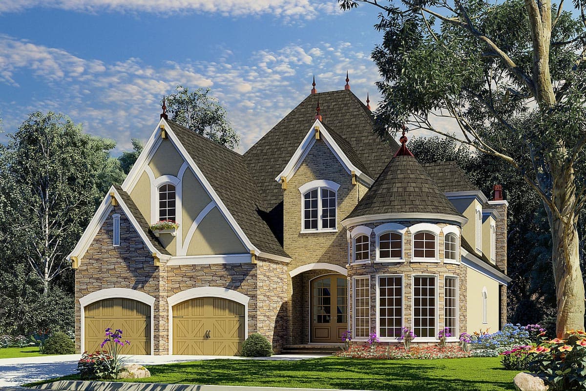 House plan exterior: Stone and stucco two-story home with a turre ted bay window, arched entry, and a three-car garage.