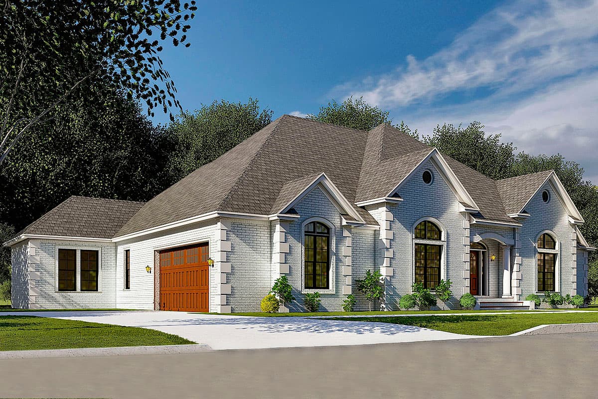 House plan exterior rendering: One-story brick home with attached garage, arched windows, gables, and dormers.
