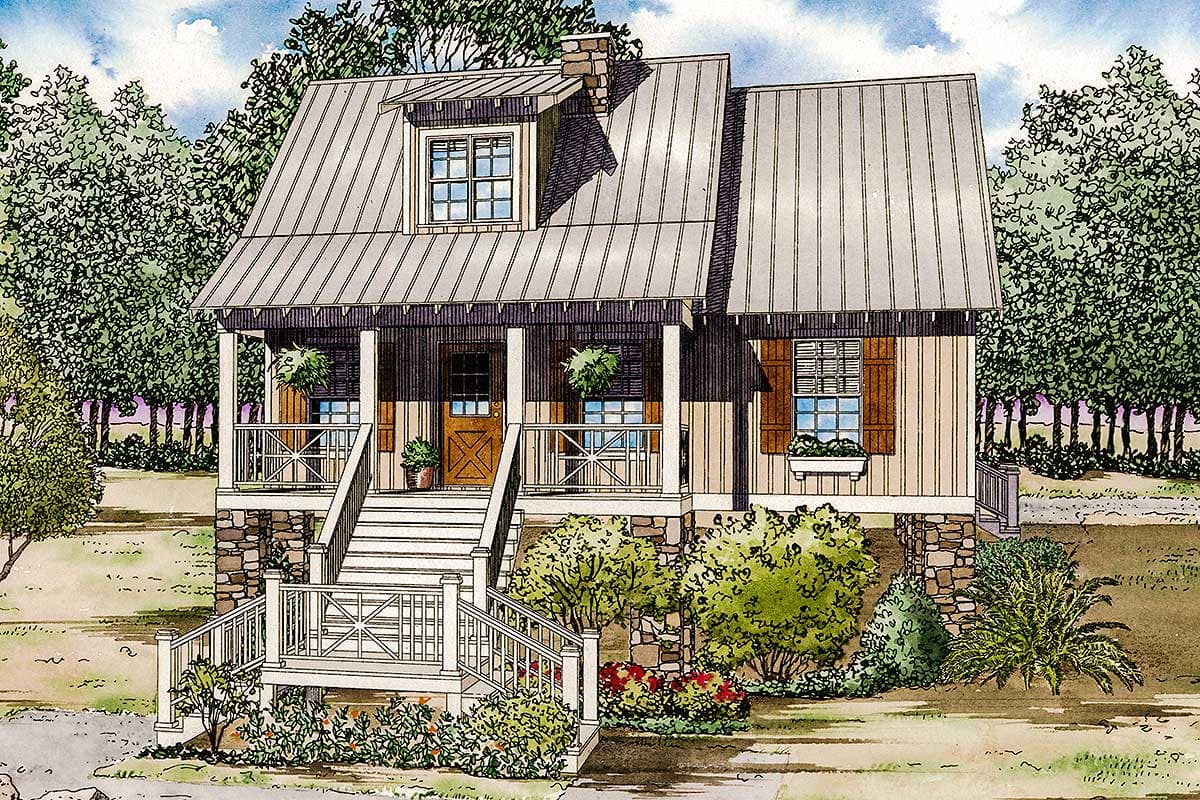 House plan exterior of a two-story Modern Farmhouse with a metal gable roof, dormer, stone foundation, and wrap-around porch.