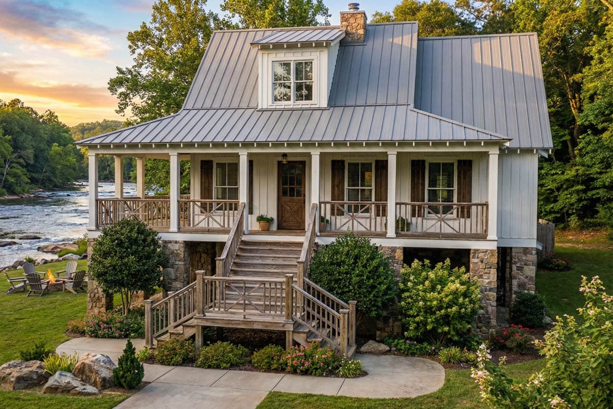 A charming two-story house with a porch and steps, built on stone foundations, overlooks a river at sunset. Green lawn and trees surround the home.