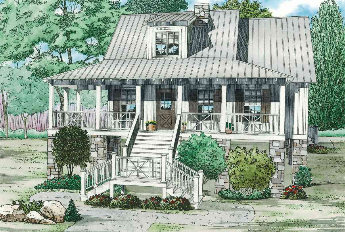 House plan exterior: Two-story Modern Farmhouse with wrap-around porch, metal roof, dormer, and stone foundation.