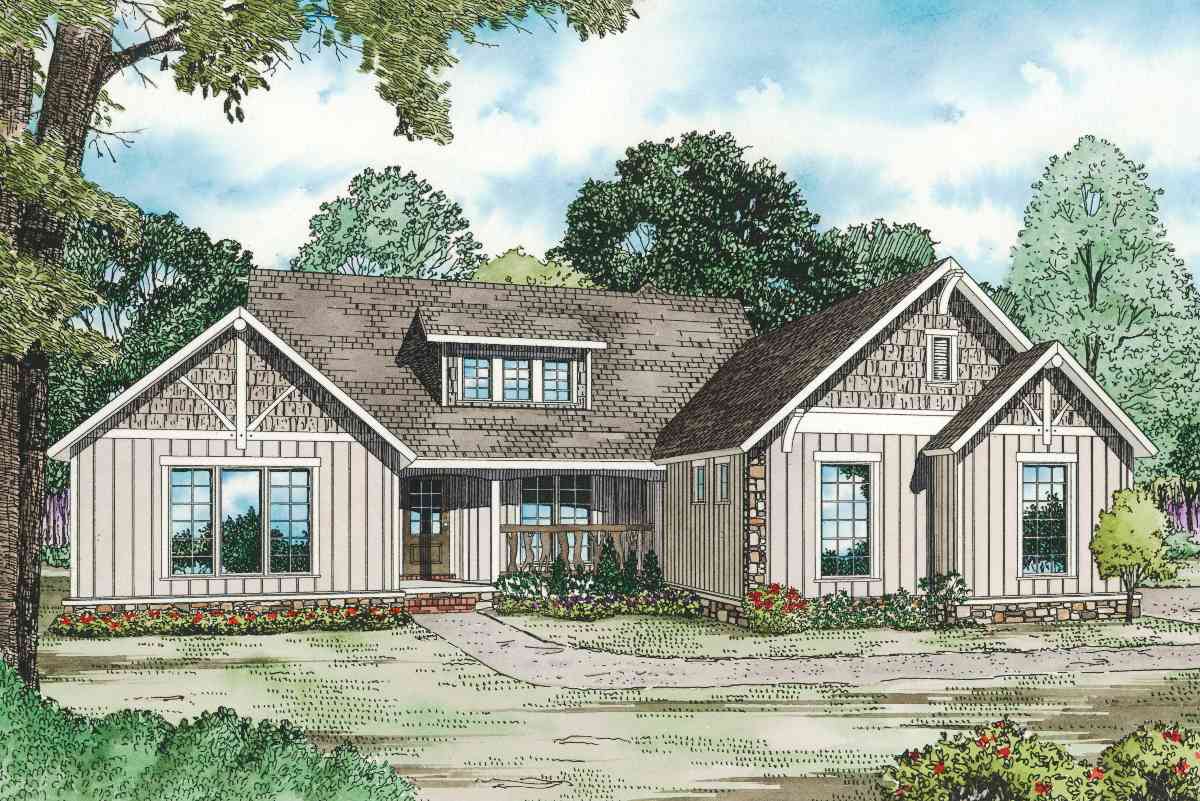 House plan exterior: Modern Farmhouse style, one story, with gable dormer, stone accents, and covered porch.