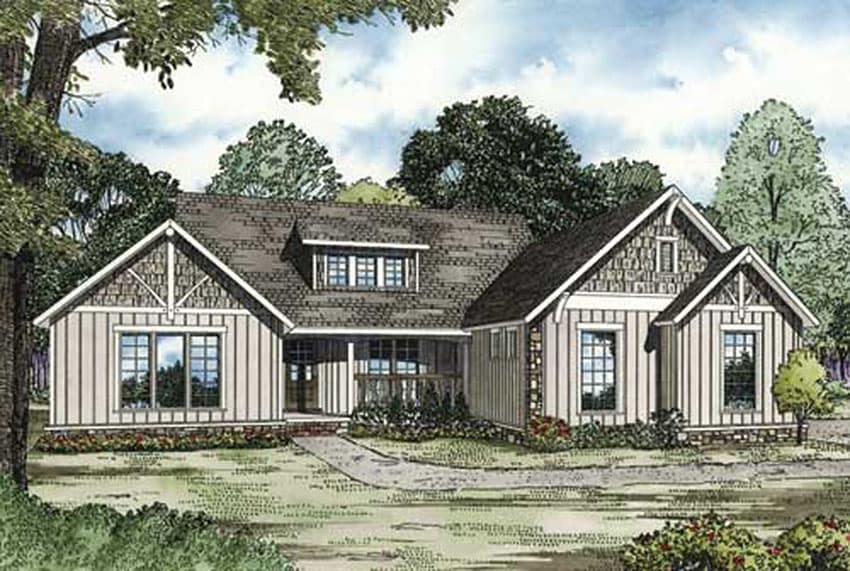 House plan exterior: Single-story Modern Farmhouse with board-and-batten siding, gable details, a covered entry porch, and dormer windows.