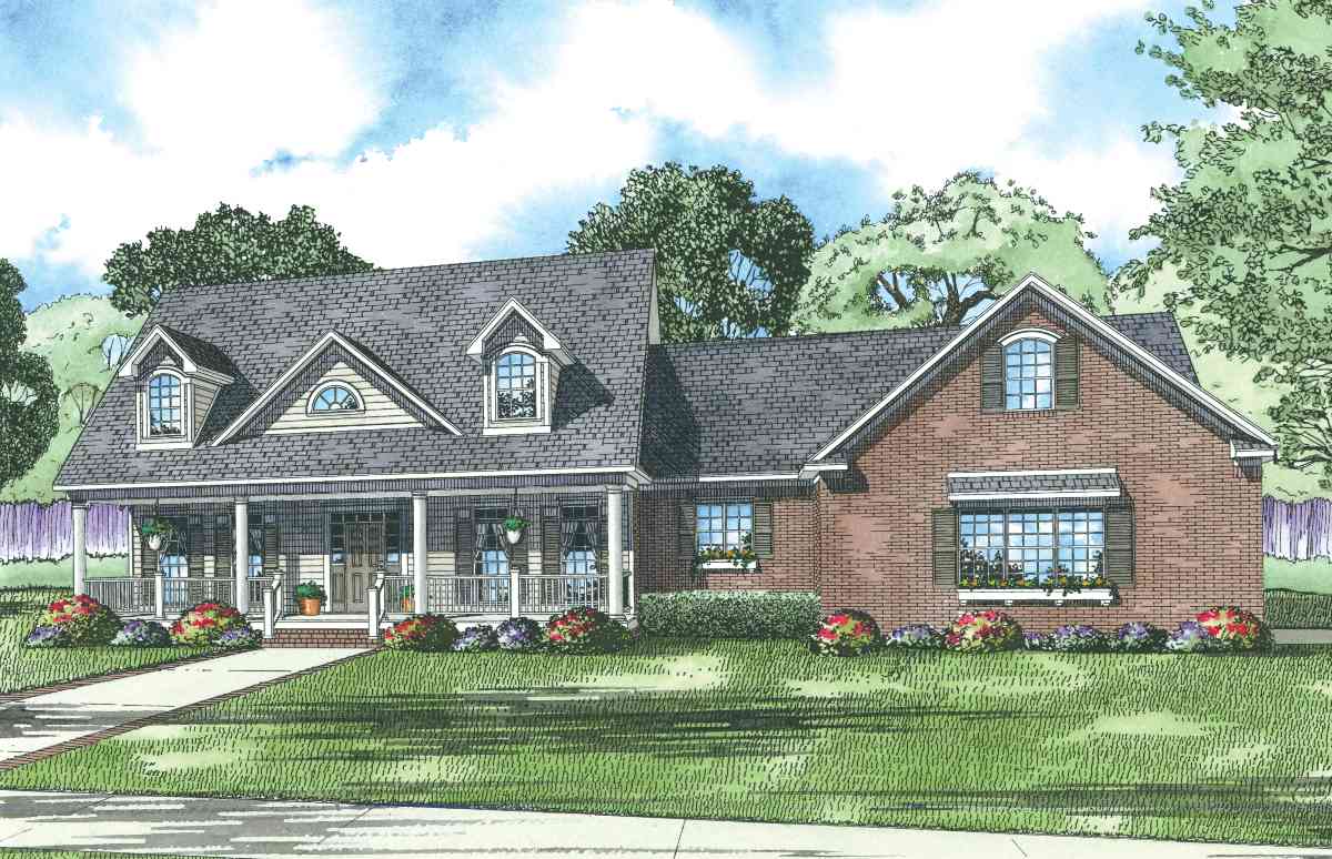 House plan exterior: Two-story brick home with a wrap-around porch, dormers, and multiple gables.