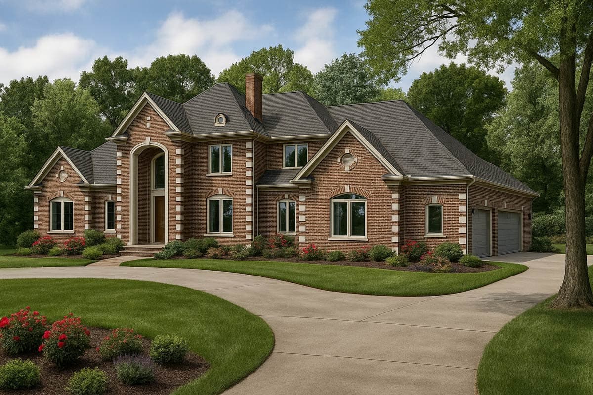 House plan exterior featuring red brick facade, arched entryway, multiple gables, and a three-car side-entry garage.