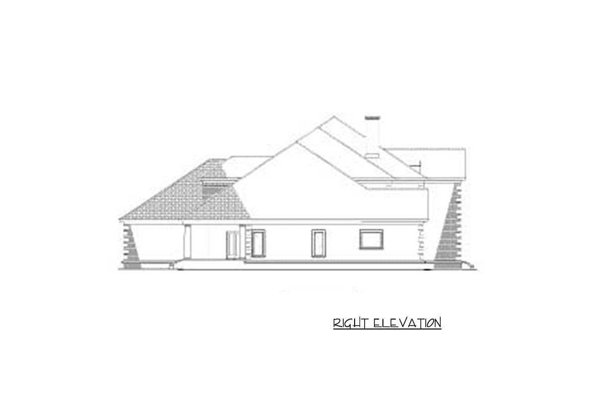 Right elevation drawing of a house plan, showing rooflines, windows, and a chimney.