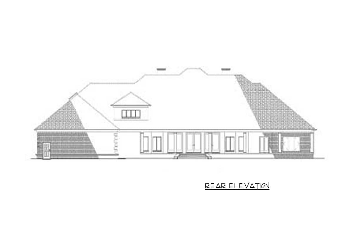 Rear elevation of a house plan featuring a dormer, covered porch with columns, and multiple windows.