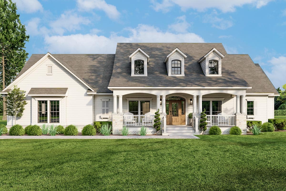 House plan exterior. Two-story, farmhouse-style home with a front porch, dormers, and gabled roofline.