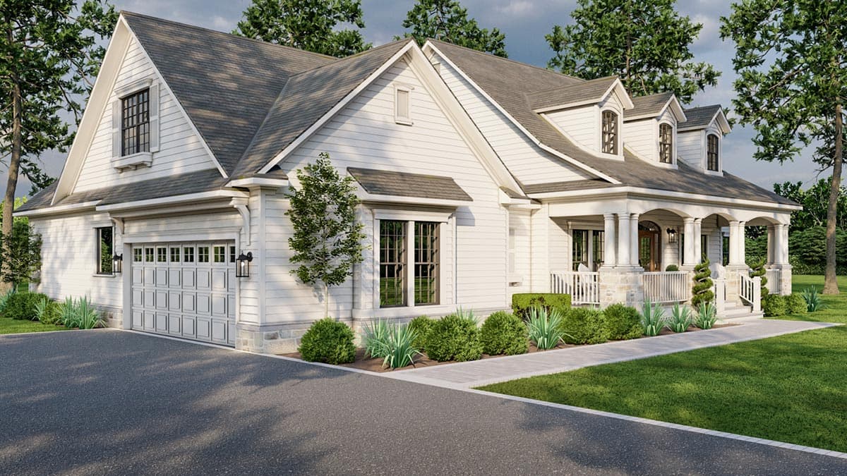 House plan exterior: Modern Farmhouse style, two stories, side-entry garage, prominent front porch with columns and dormers.
