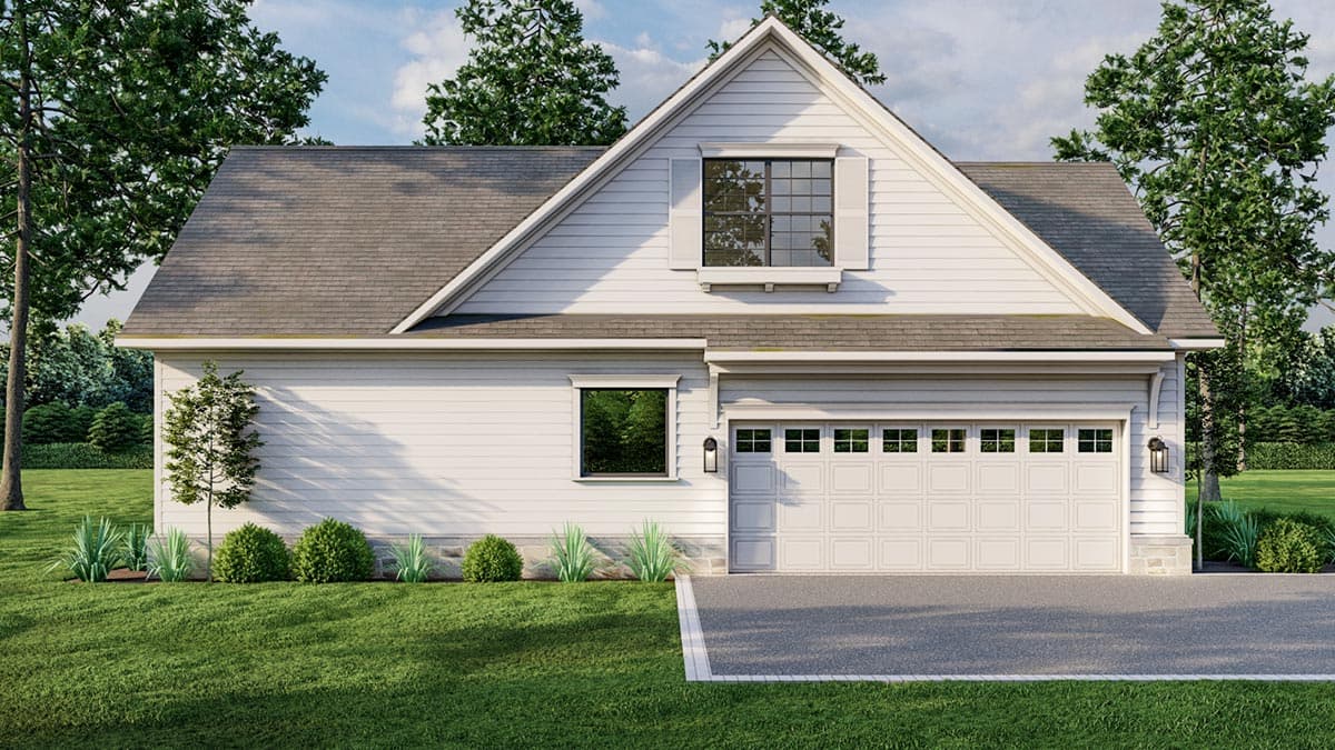 House plan exterior: Modern Farmhouse style, one-story with a front-facing two-car garage, gable dormer, and wide eaves.
