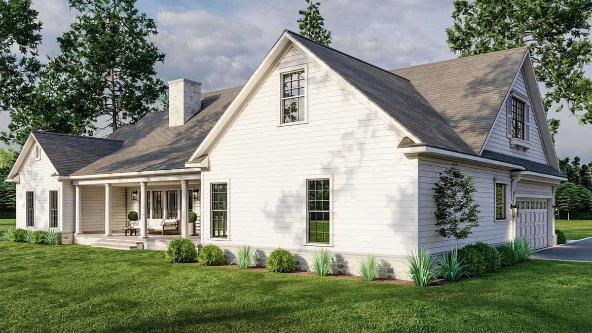 House plan exterior: Two-story Modern Farmhouse with gabled dormer, covered porch, stone chimney, and side-entry garage.