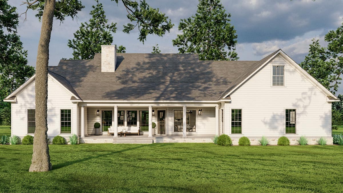 House plan exterior: Ranch style, single-story with gabled dormer, covered front porch with columns, and stone base.