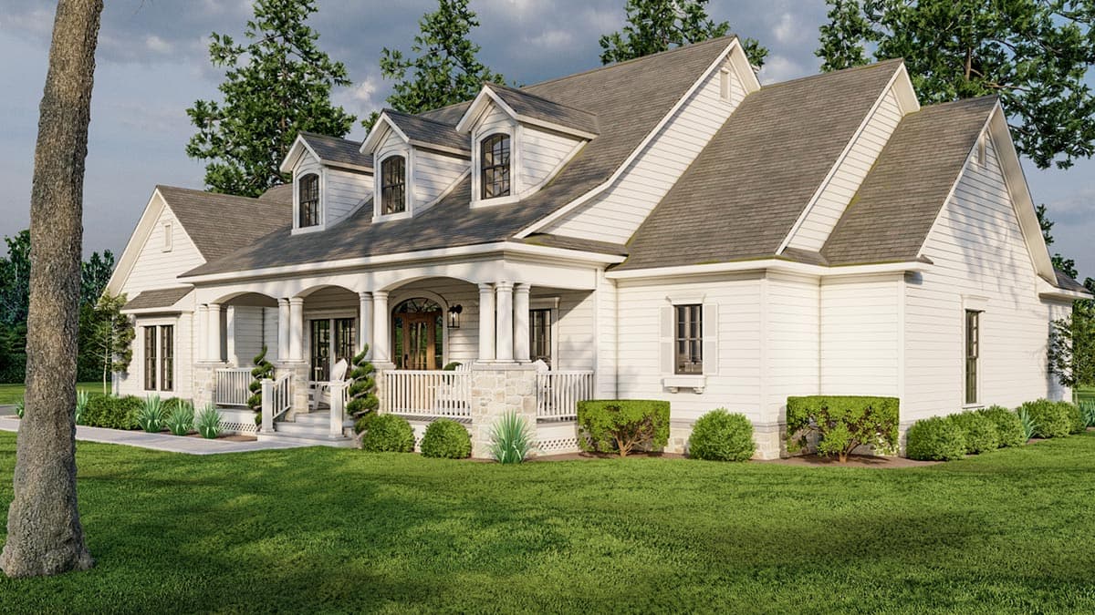 House plan exterior of a white two-story Modern Farmhouse with a wraparound porch, dormers, and gabled rooflines.