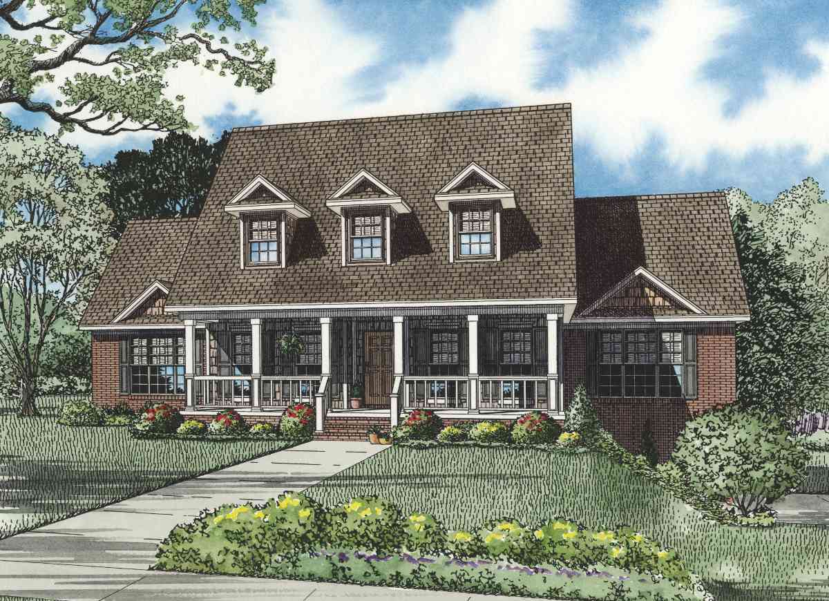 House plan exterior with a wraparound porch, three dormer windows, and brick accents. Two stories with a gable roof.
