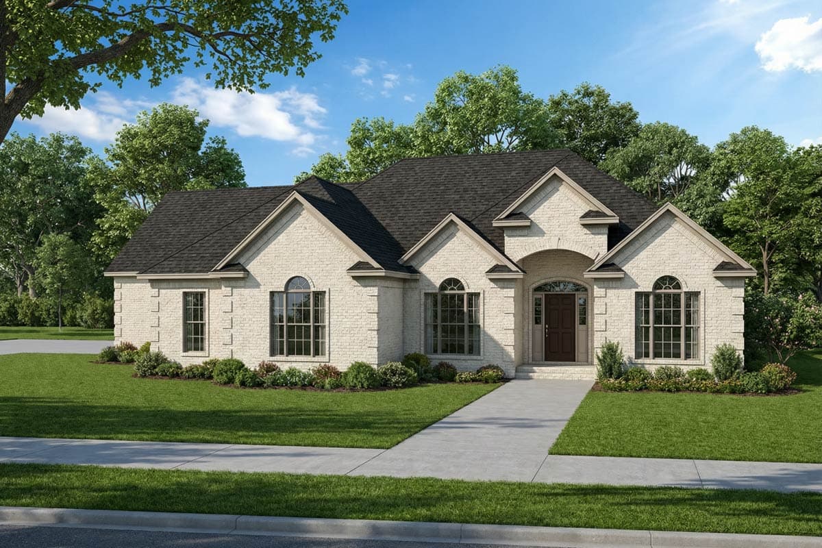 House plan exterior, one-story residence with white brick facade, arched entryway, multiple gables, and arched windows.
