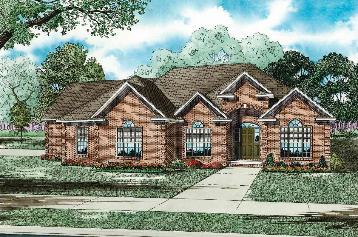 House plan exterior: One-story brick home with arched entry, multiple gables, and arched-top windows.