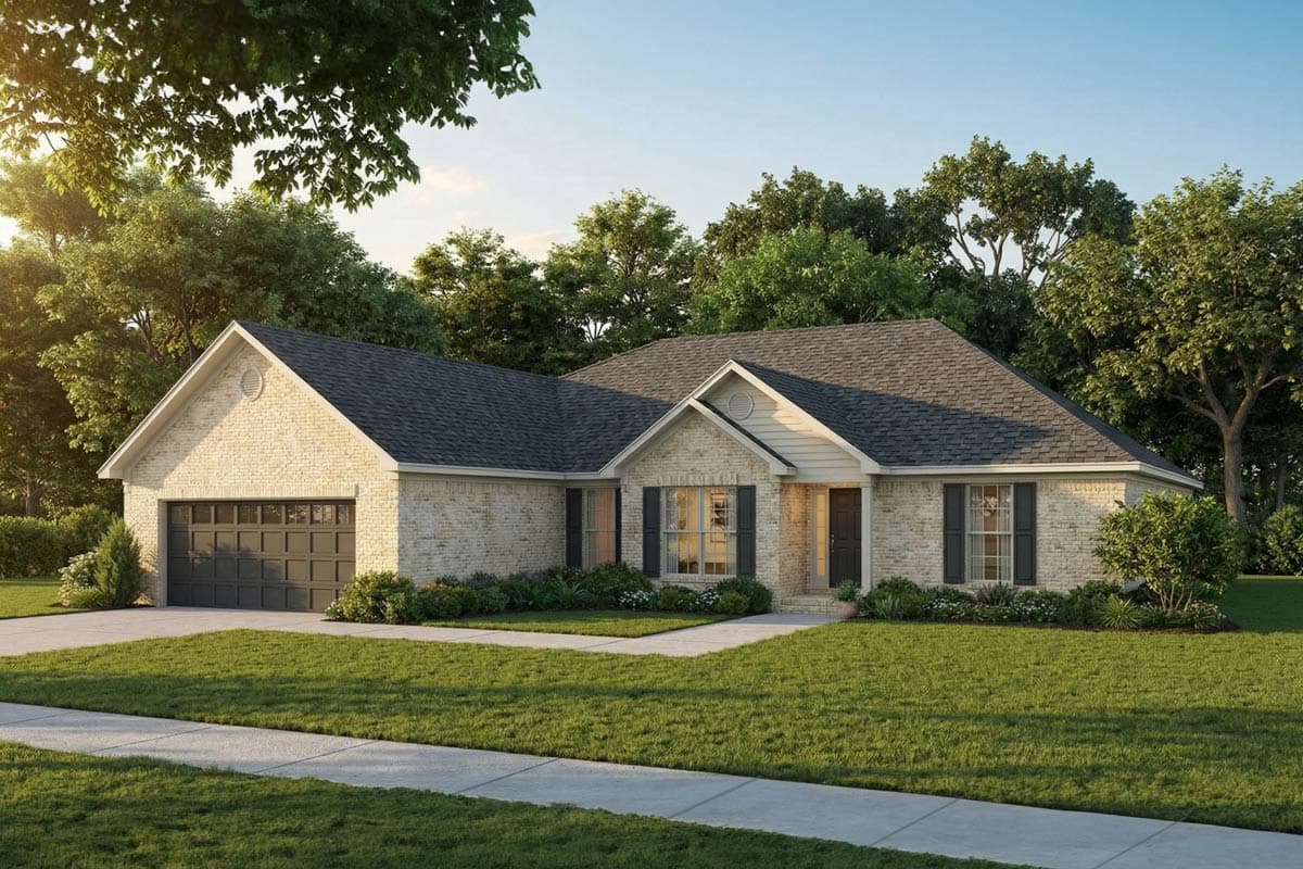 House plan exterior: Brick ranch with attached garage, prominent front gable, and covered entry.