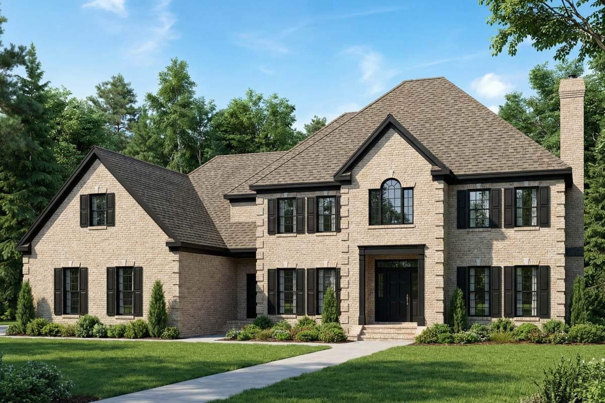 House plan exterior. Two-story Colonial with brick facade, multiple gables, and a front entry portico. Features include dark shutters and windows.