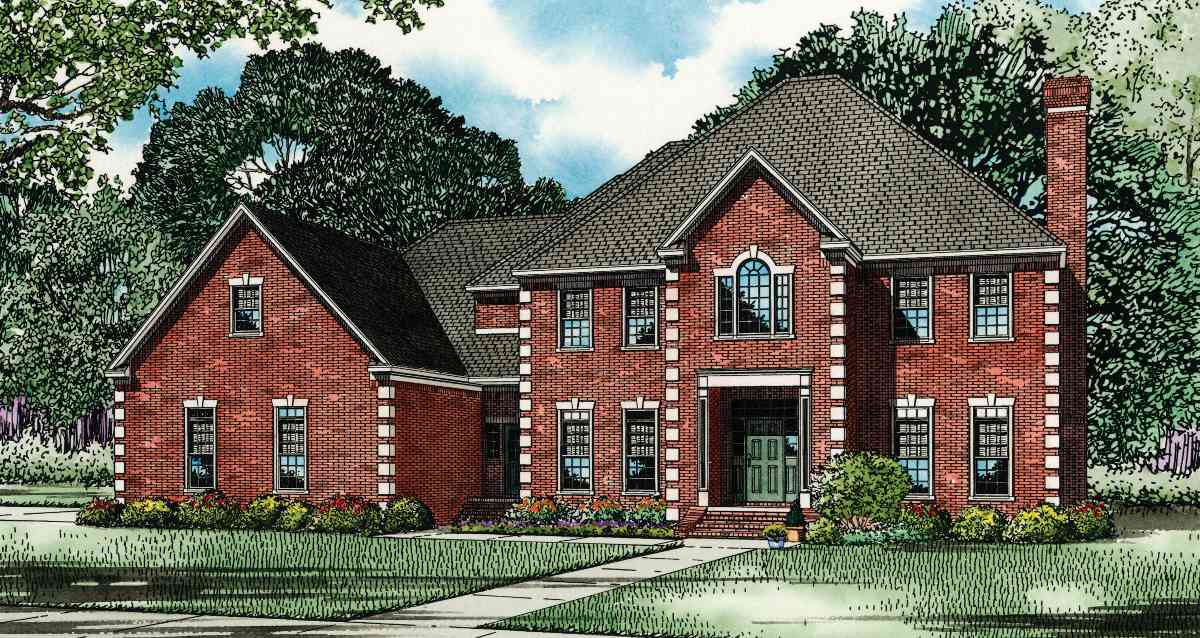 Two-story brick house plan exterior with arched entryway, prominent chimney, and varied rooflines.