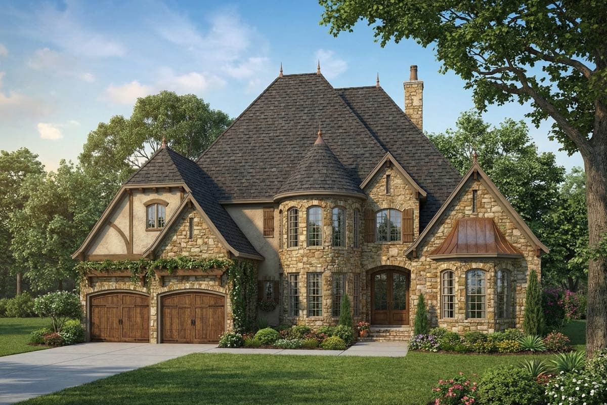 European-style house plan exterior with stone facade, arched garage doors, multiple gables, and a turrreted dormer.
