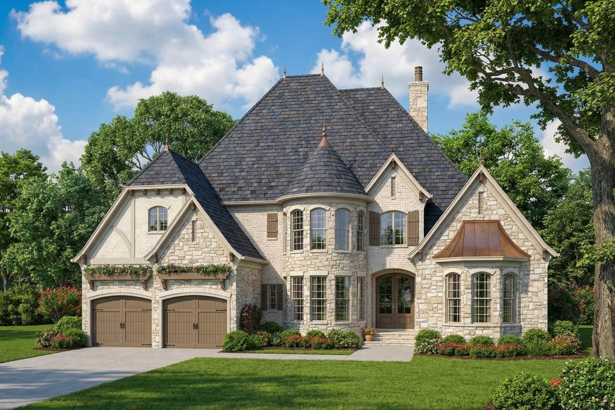 A large, two-story stone house with a dark gray roof. The house features a turret, arched doorways, and a well-manicured lawn with trees.