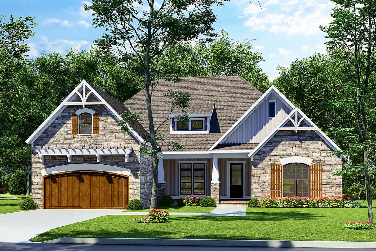 House plan exterior. Craftsman style, single story. Features stone facade, gabled roof, garage with pergola, and arched window shutters.
