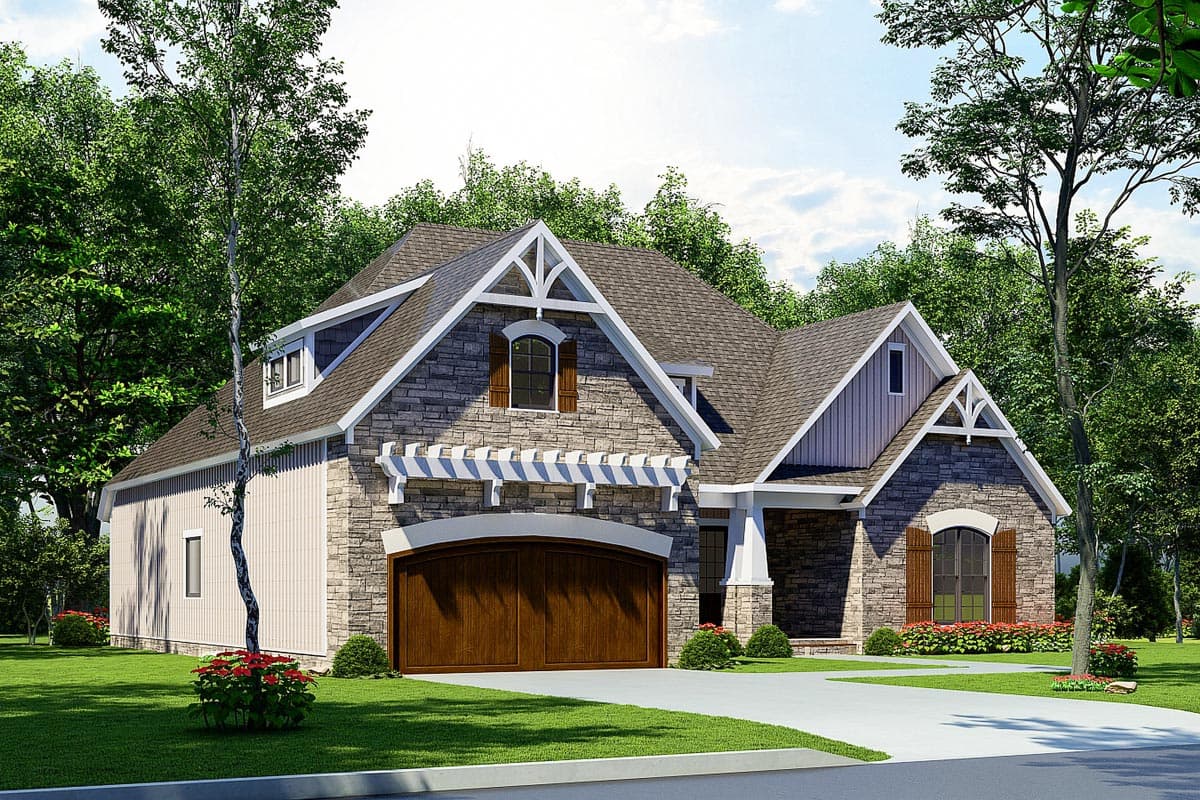 House plan exterior with stone facade, dormer, gables, and arched garage.
