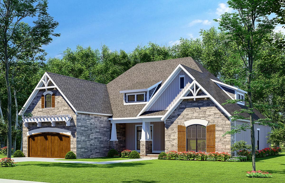 House plan exterior with stone facade, prominent gables, dormers, and attached garage with arched wooden doors.
