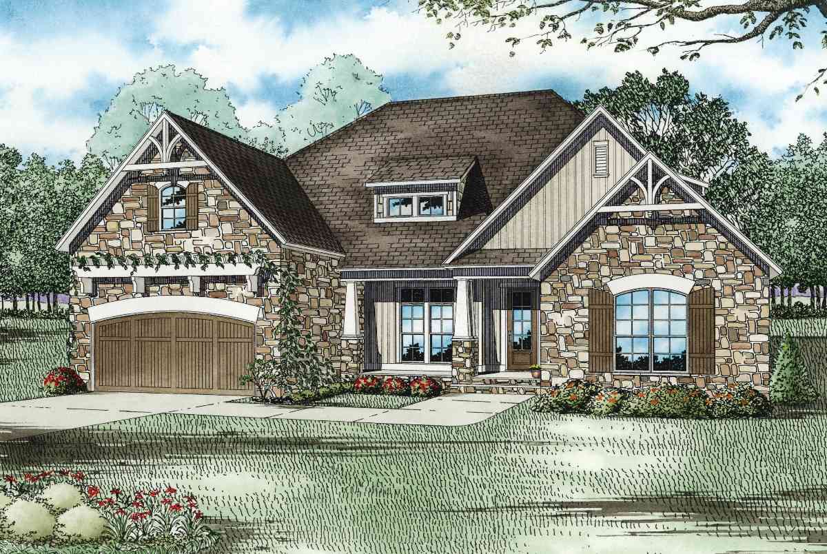 House plan exterior: Stone and siding two-story home with arched garage, prominent gables, and covered entry.