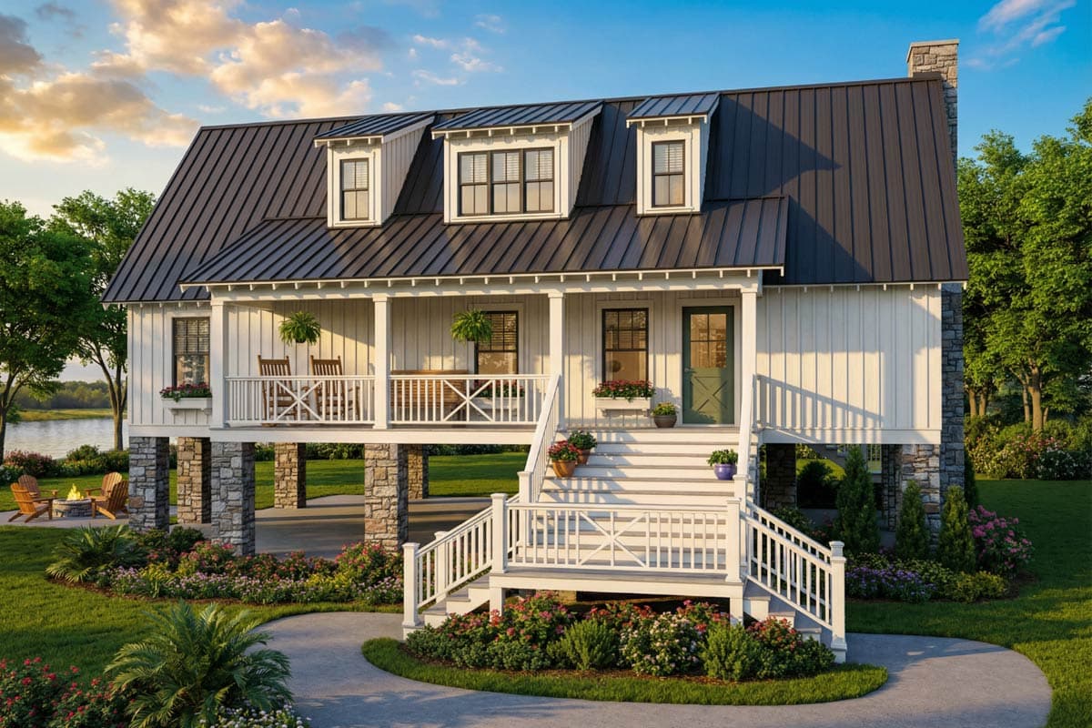 House plan exterior: two-story raised cottage with metal roof, three dormers, wraparound porch, and stone piers.