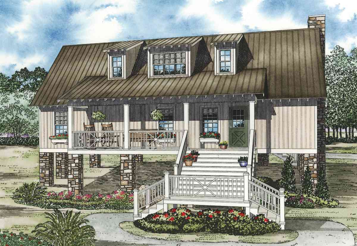 House plan exterior: Modern farmhouse style raised home with metal roof, dormers, wraparound porch, stone piers, and wide front stairs.