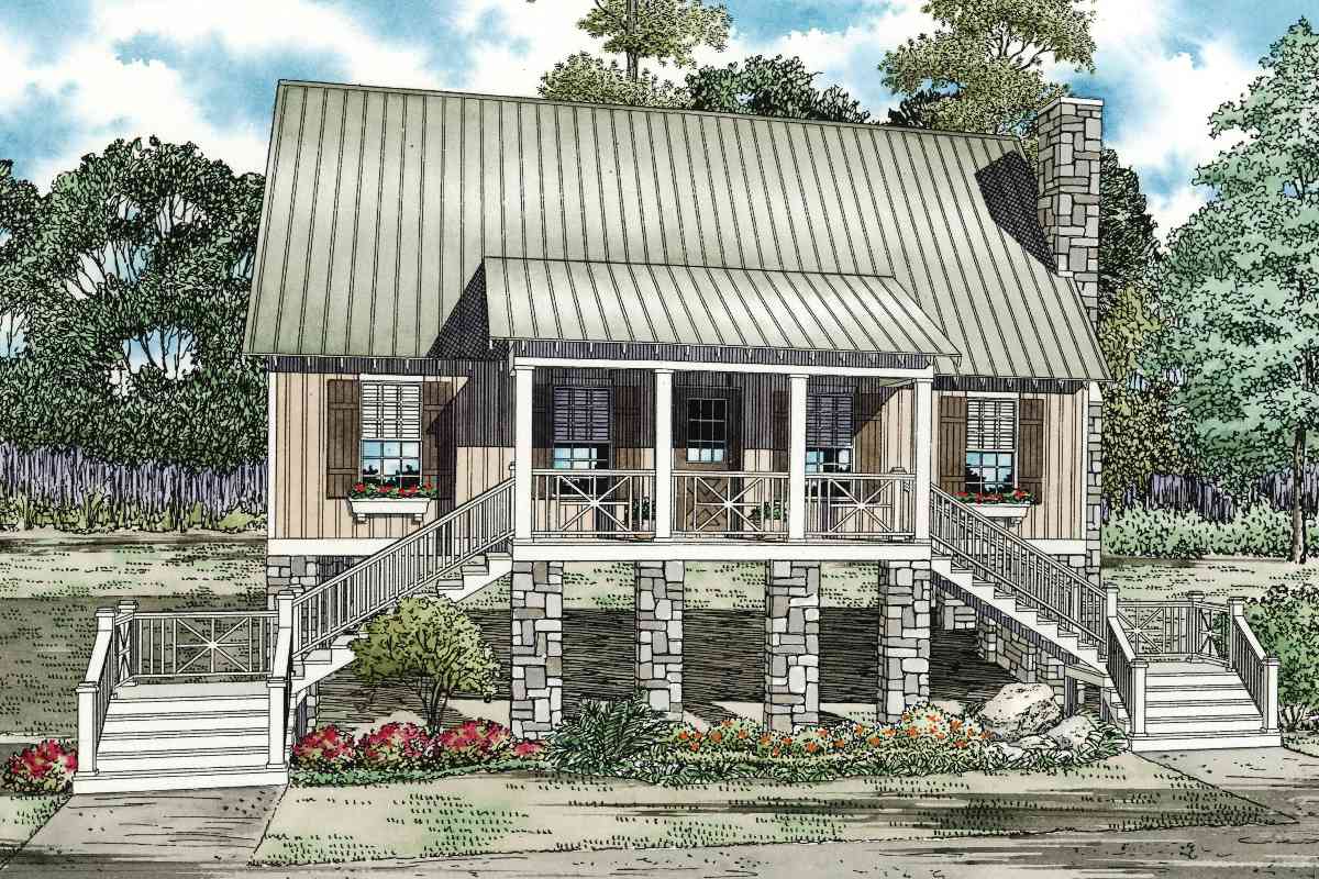 House plan exterior of a two-story elevated cottage with a metal roof, large front porch, stone-clad piers, and dual staircases.
