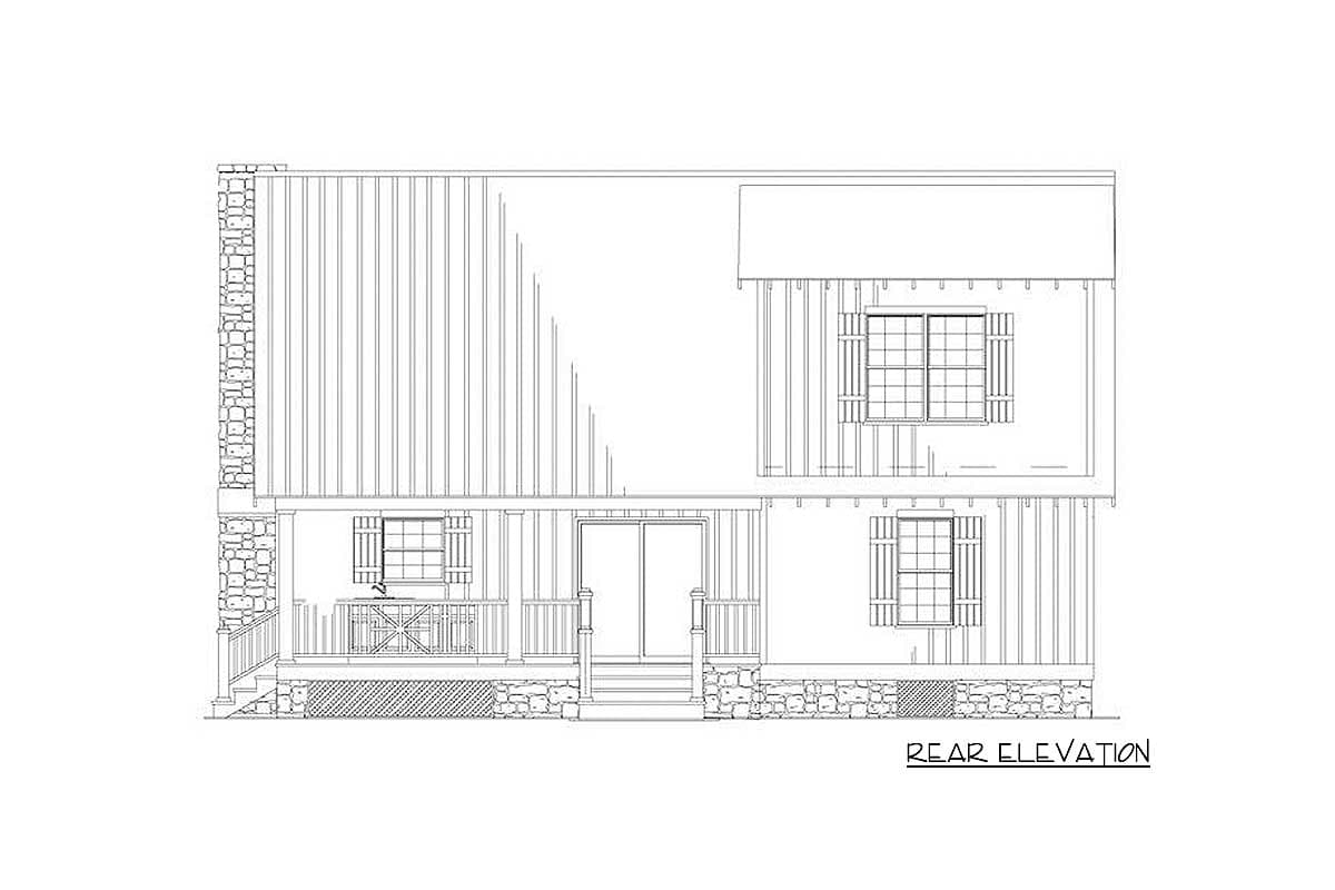 Rear elevation drawing of a two-story house plan featuring a stone chimney, covered porch, and multiple windows.