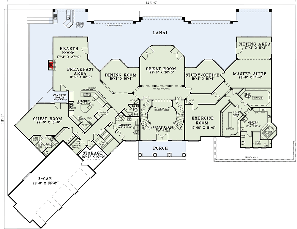 Plan 59954ND: Double Staircase - Floor Plan - Main Level - Florida-Style, Mediterranean, Tuscan