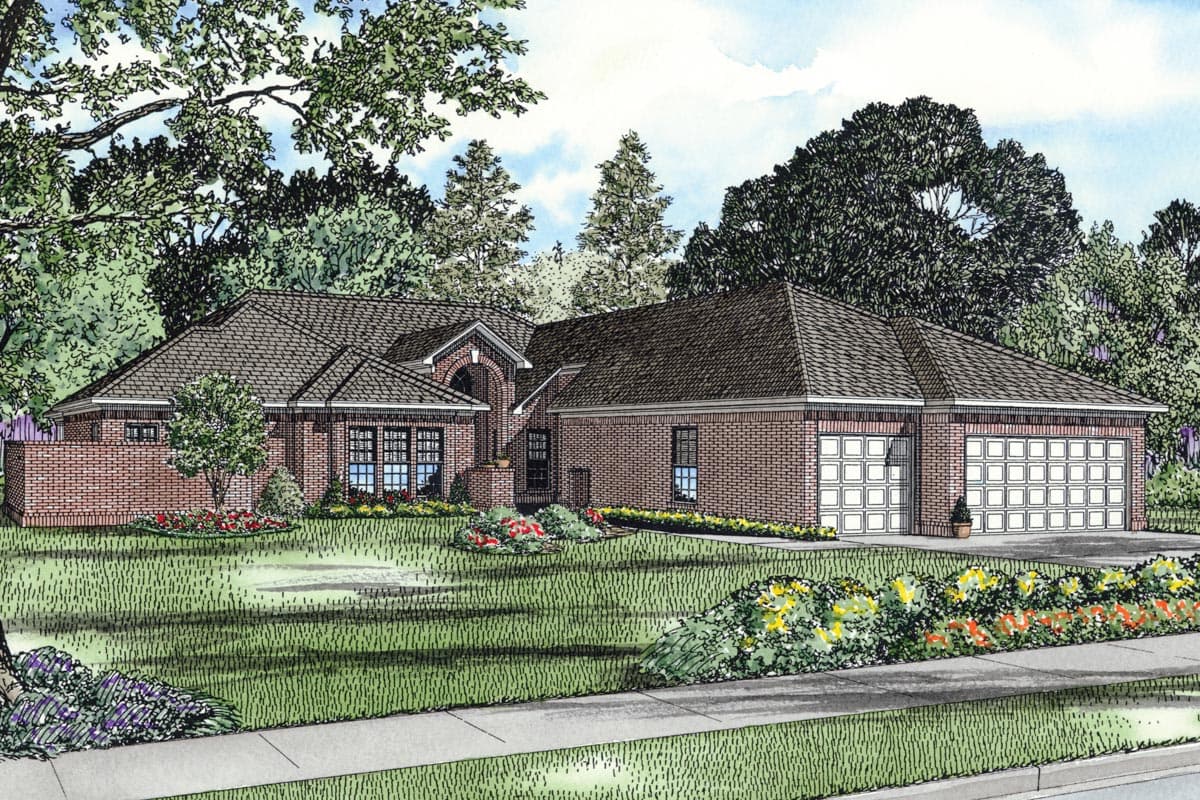 House plan exterior: Brick ranch with hip roof, arched entry, and three-car garage.