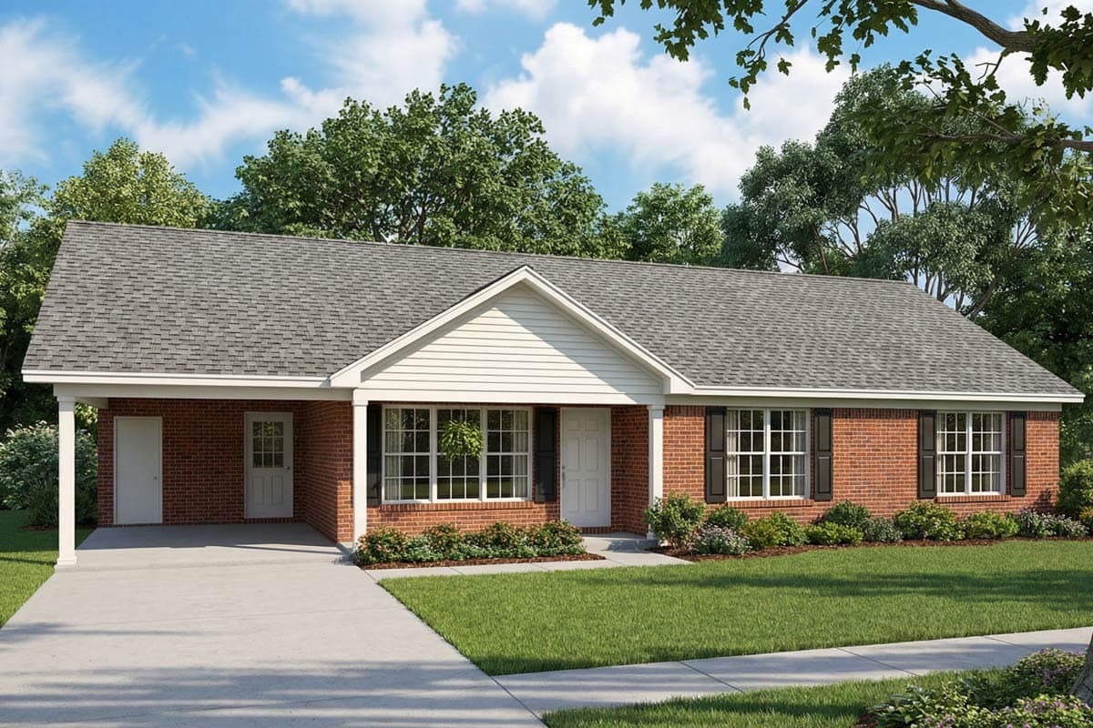 House plan exterior featuring a one-story, brick facade, covered entry, and gabled roofline. Includes an attached garage with an overhead door.