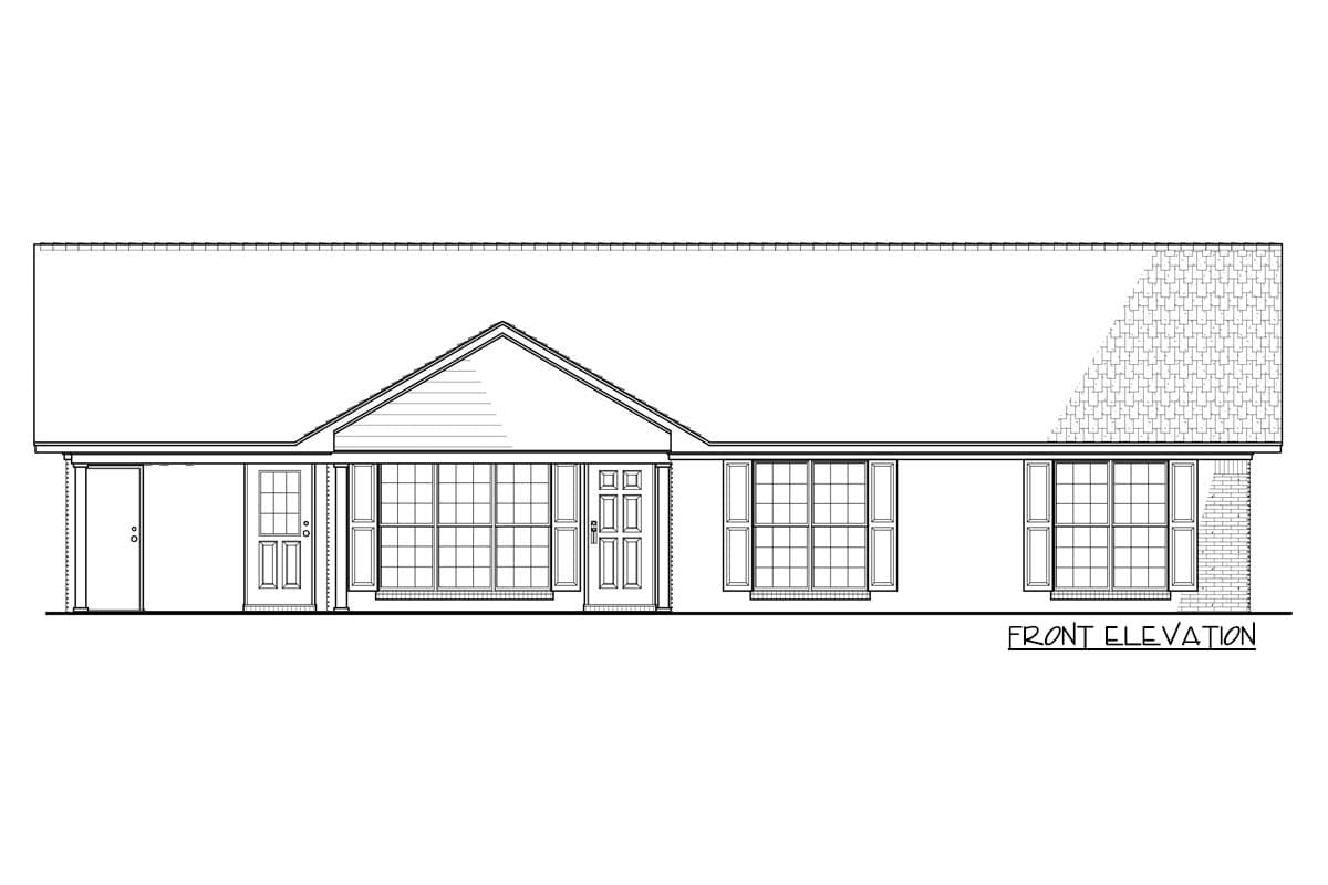 Front elevation drawing of a single-story house with a prominent gable, two doors, and multiple large windows.