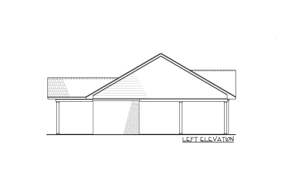 Left elevation drawing of a house plan, showing a pitched roof, covered porch supported by columns, and brick chimney.