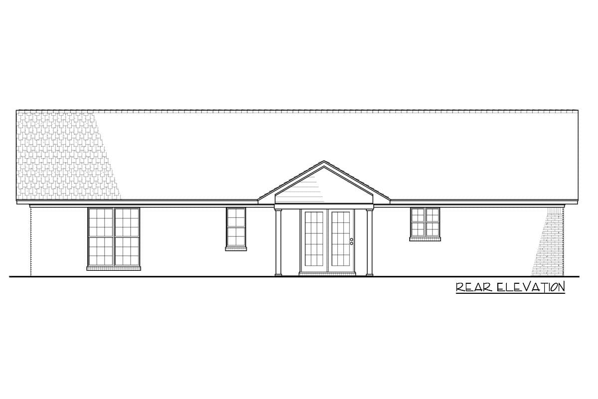 Rear elevation drawing of a house plan with double doors, gable roof, and three windows.