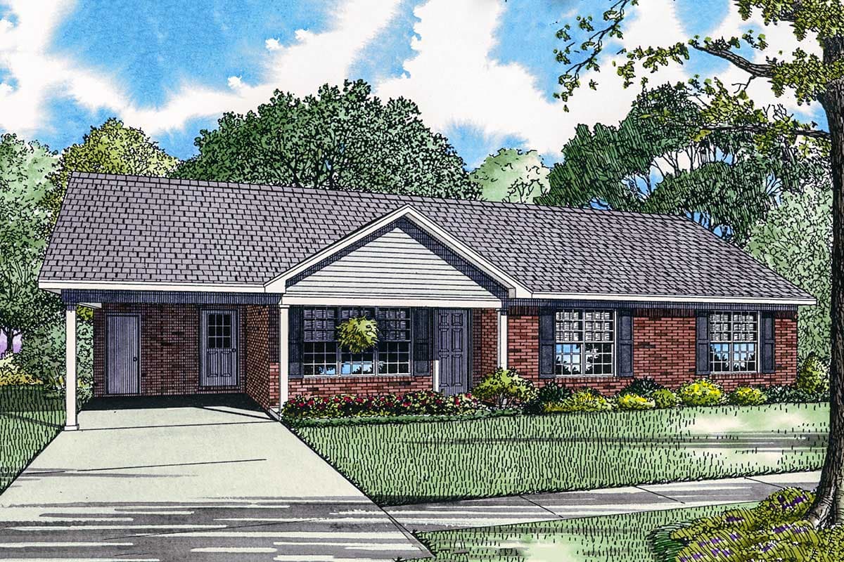 Ranch style house plan exterior with brick facade, covered carport, and front porch with gable.