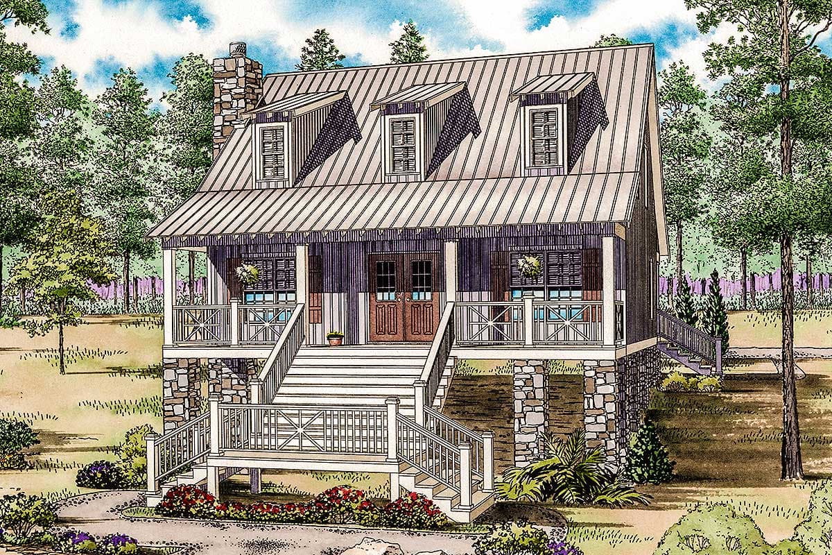 House plan exterior: Rustic A-frame design with stone foundation, large front porch, and three dormer windows.