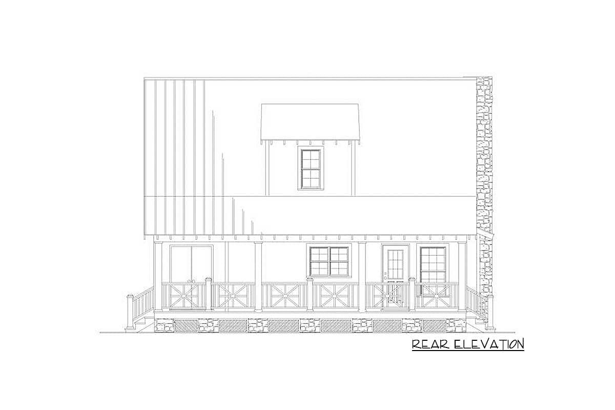 Rear elevation drawing of a two-story house plan featuring a covered porch with X-braced railings, dormer, and stone foundation.