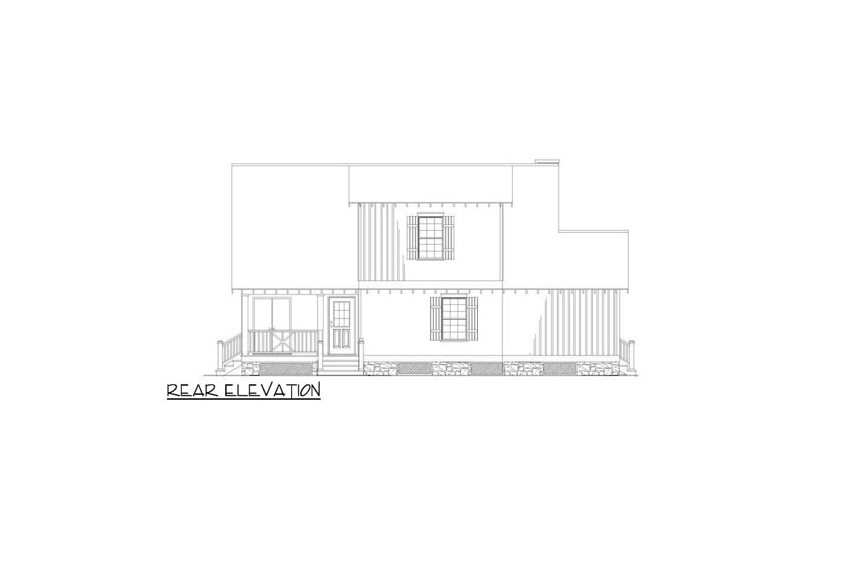 Rear elevation of a two-story house plan with a covered porch, double door, and stone foundation.