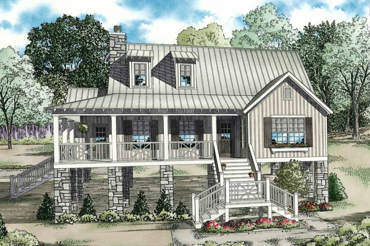 House plan exterior: two-story Modern Farmhouse on stilts with metal roof, wraparound porch, stone piers, and dormer windows.