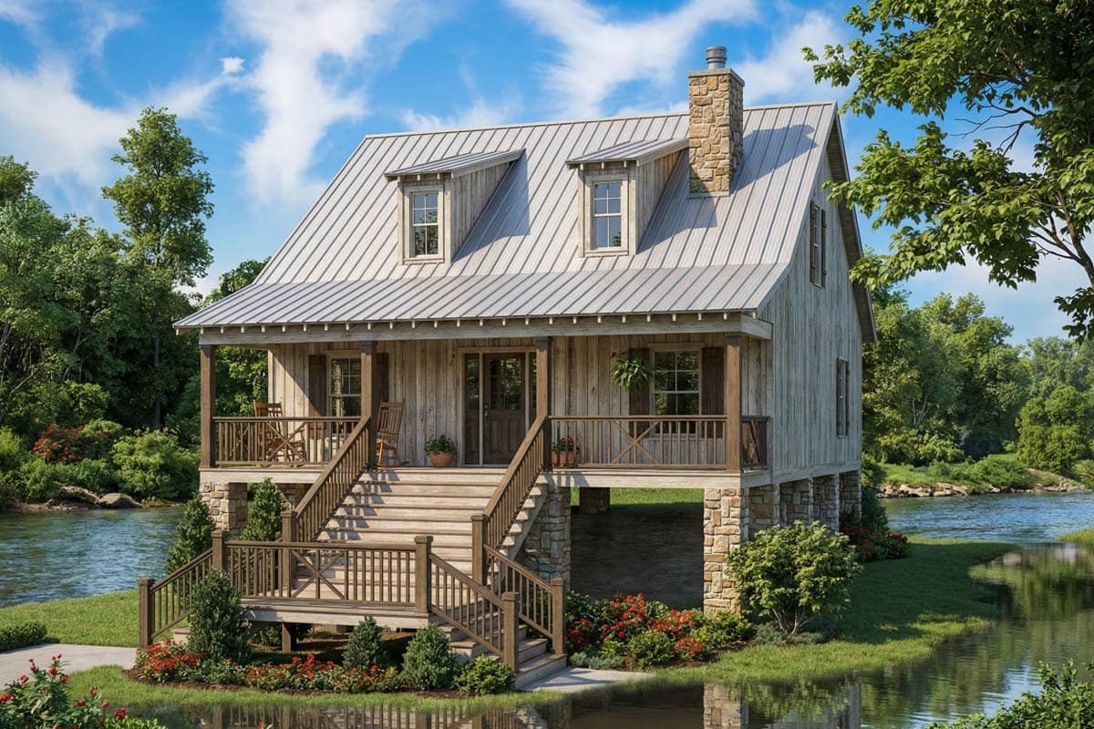 A rustic cabin on stilts overlooks a calm river, featuring a metal roof, stone chimney, and wooden porch with stairs leading to the entrance.