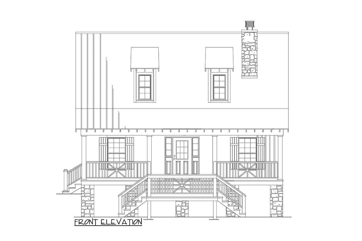 Front elevation drawing of a two-story house with a prominent stone chimney, a covered front porch with columns, and two sets of stairs.