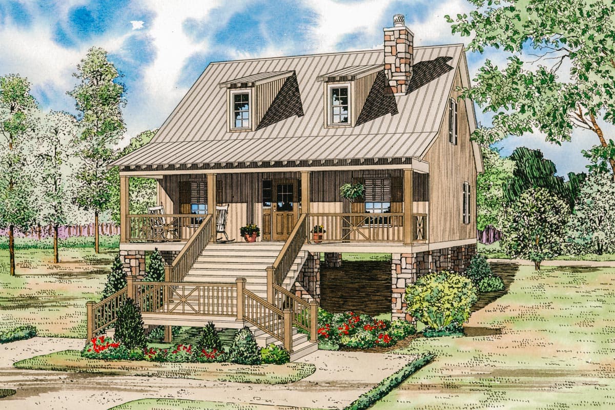 House plan exterior: two-story cottage style with metal roof, dormers, wraparound porch, and stone foundation.