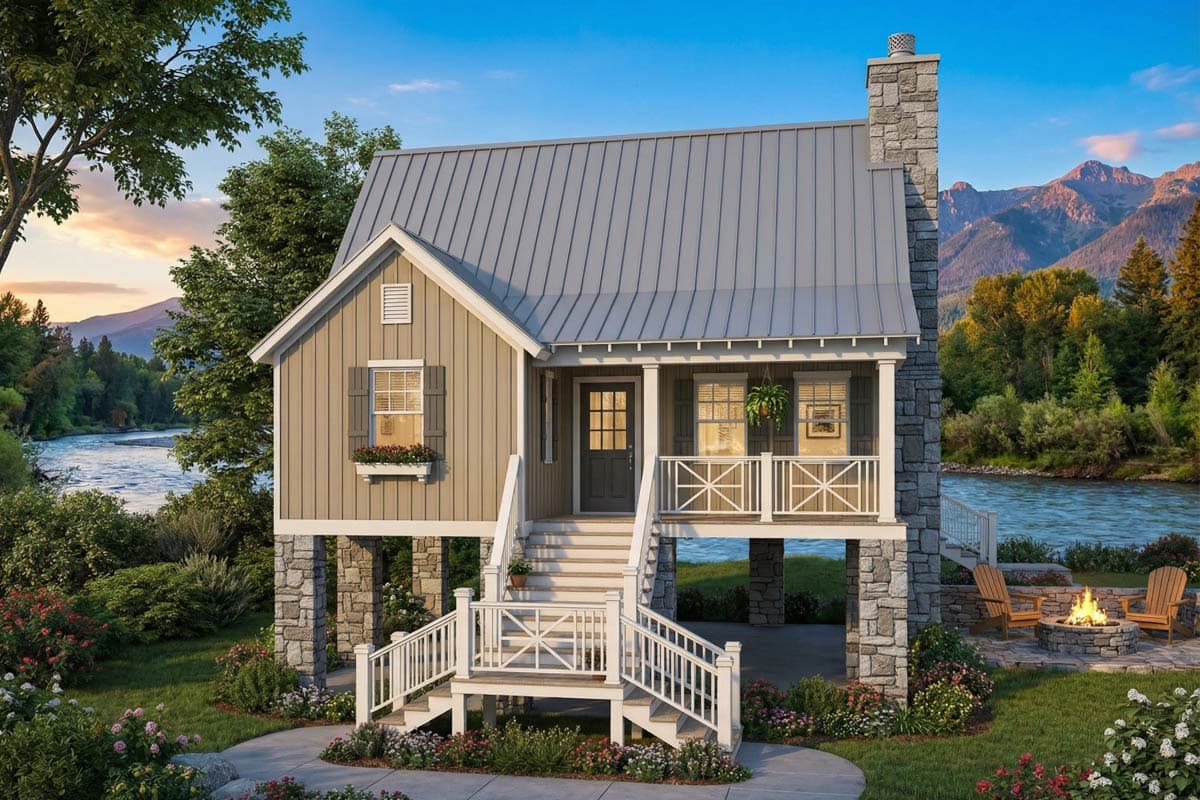 A charming cabin by a river with stone pillars, a metal roof, and a welcoming porch. Mountains and trees create a picturesque backdrop.
